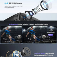 AI Smart Video Glasses with Camera and Photo Capabilities, featuring an 8MP camera, 1080P HD video recording, 4K resolution,